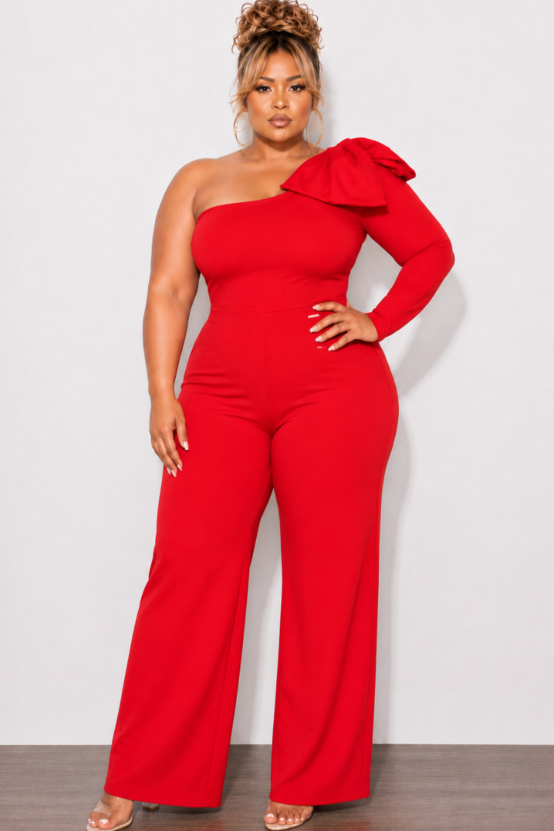 Final Sale Plus Size One Shoulder Long Sleeve Jumpsuit with Bow in Red