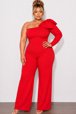 Final Sale Plus Size One Shoulder Long Sleeve Jumpsuit with Bow in Red
