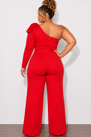 Final Sale Plus Size One Shoulder Long Sleeve Jumpsuit with Bow in Red