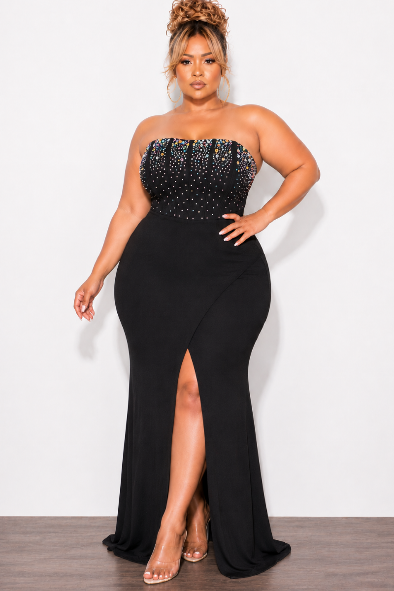 Final Sale Plus Size Strapless Multi Color Rhinestone Gown in Black