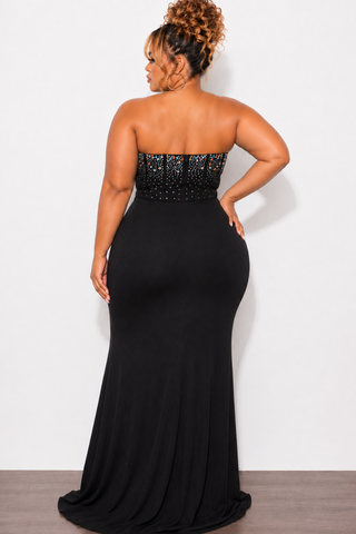 Final Sale Plus Size Strapless Multi Color Rhinestone Gown in Black