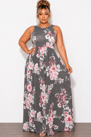 Final Sale Plus Size Tank Pocket Maxi Dress in Grey Charcoal & Pink Floral Print