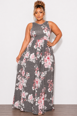 Final Sale Plus Size Tank Pocket Maxi Dress in Grey Charcoal & Pink Floral Print