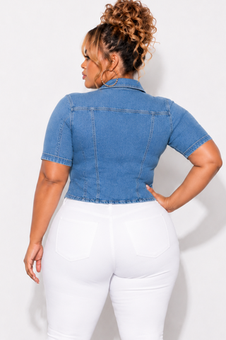 Final Sale Plus Size Collar Button Up Peplum Top in Medium Denim Wash