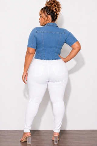 Final Sale Plus Size Collar Button Up Peplum Top in Medium Denim Wash