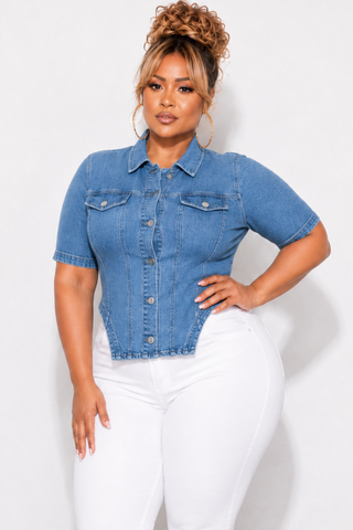 Final Sale Plus Size Collar Button Up Peplum Top in Medium Denim Wash
