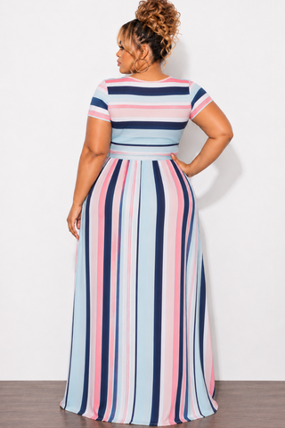 Final Sale Plus Size Cap Sleeve Pocket Maxi Dress in Navy, Pink & Multicolor Stripe