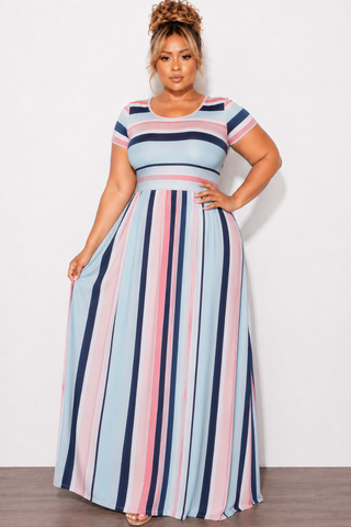 Final Sale Plus Size Cap Sleeve Pocket Maxi Dress in Navy, Pink & Multicolor Stripe