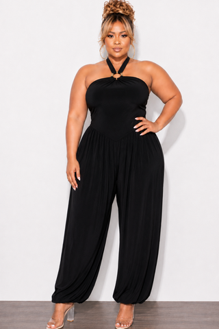 Final Sale Plus Size Halter Balloon Jumpsuit with Gold Floral Accent in Black
