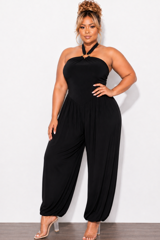Final Sale Plus Size Halter Balloon Jumpsuit with Gold Floral Accent in Black