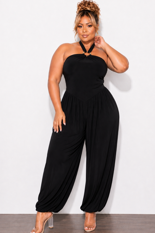 Final Sale Plus Size Halter Balloon Jumpsuit with Gold Floral Accent in Black