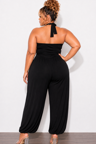 Final Sale Plus Size Halter Balloon Jumpsuit with Gold Floral Accent in Black
