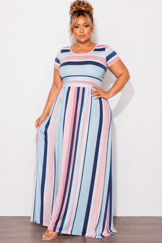 Final Sale Plus Size Cap Sleeve Pocket Maxi Dress in Navy, Pink & Multicolor Stripe