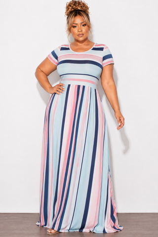Final Sale Plus Size Cap Sleeve Pocket Maxi Dress in Navy, Pink & Multicolor Stripe