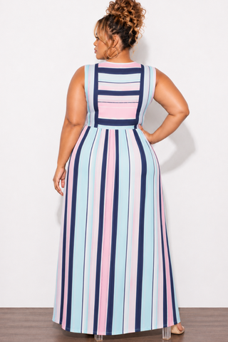 Final Sale Plus Size Tank Pocket Maxi Dress in Navy, Pink & Multicolor Stripe (Sleeveless)