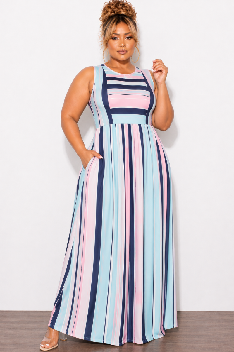 Final Sale Plus Size Tank Pocket Maxi Dress in Navy, Pink & Multicolor Stripe (Sleeveless)
