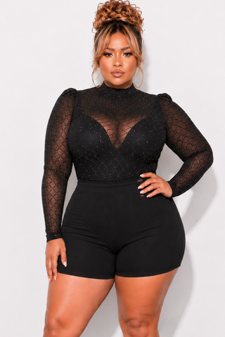 Final Sale Plus Size Glitter Mesh Bodysuit in Black (Bodysuit Only)