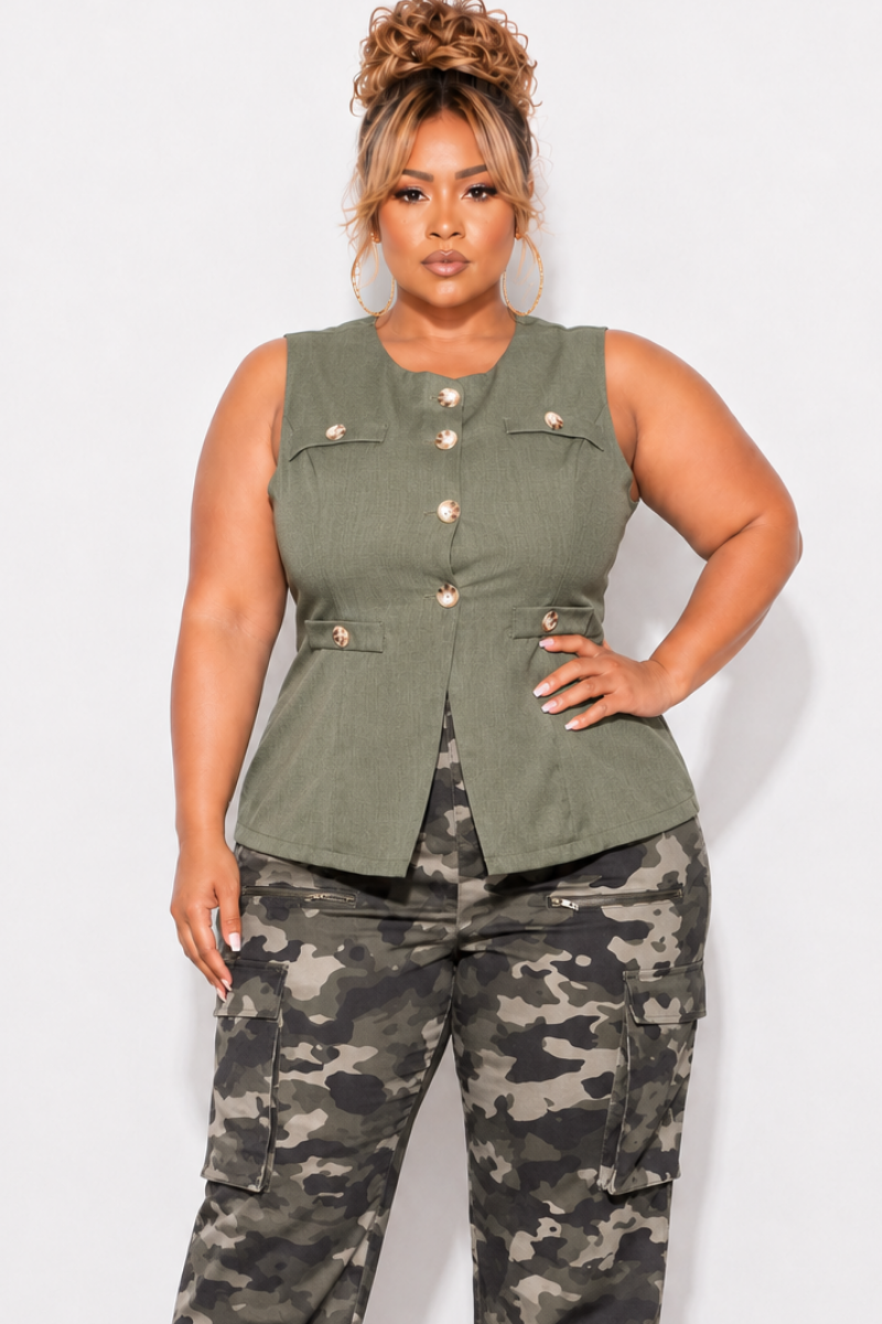 Final Sale Plus Size Faux Linen Button Up Vest in Olive