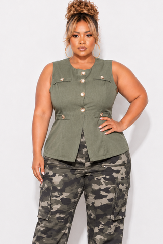 Final Sale Plus Size Faux Linen Button Up Vest in Olive