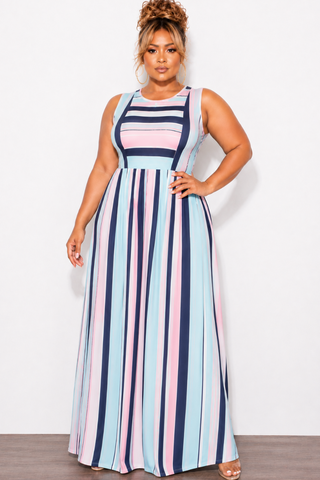 Final Sale Plus Size Tank Pocket Maxi Dress in Navy, Pink & Multicolor Stripe (Sleeveless)