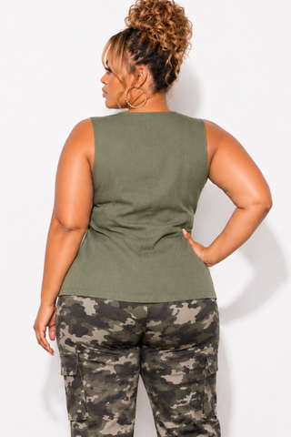 Final Sale Plus Size Faux Linen Button Up Vest in Olive