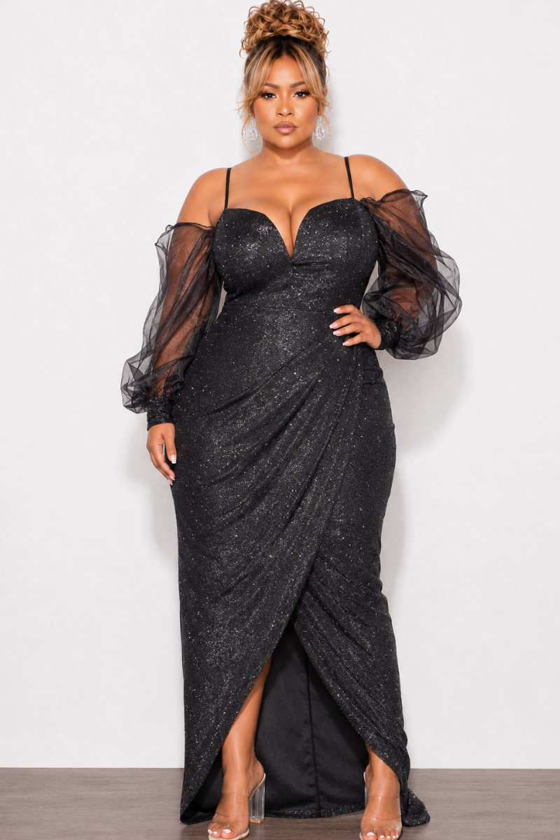 Final Sale Plus Size Shimmer Colder Shoulder Dress with Mesh Sleeves in Black