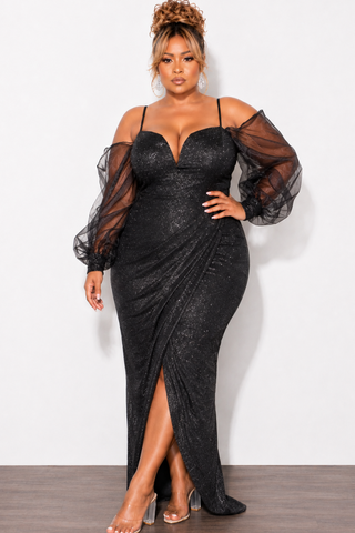Final Sale Plus Size Shimmer Colder Shoulder Dress with Mesh Sleeves in Black