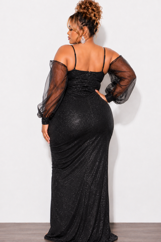Final Sale Plus Size Shimmer Colder Shoulder Dress with Mesh Sleeves in Black