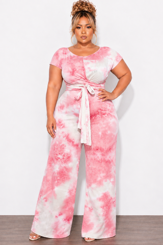 Final Sale Plus Size 2pc Short Sleeve Tie Top and Pants Set in Mauve and Grey Tie Dye Print