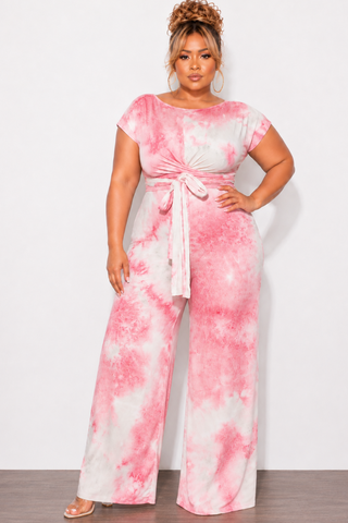 Final Sale Plus Size 2pc Short Sleeve Tie Top and Pants Set in Mauve and Grey Tie Dye Print