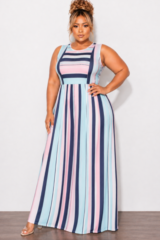 Final Sale Plus Size Tank Pocket Maxi Dress in Navy, Pink & Multicolor Stripe (Sleeveless)