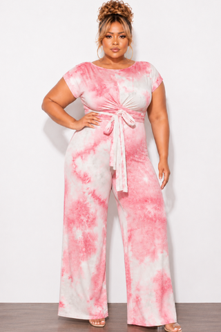 Final Sale Plus Size 2pc Short Sleeve Tie Top and Pants Set in Mauve and Grey Tie Dye Print