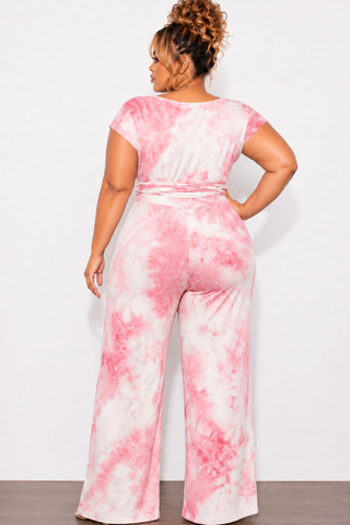 Final Sale Plus Size 2pc Short Sleeve Tie Top and Pants Set in Mauve and Grey Tie Dye Print