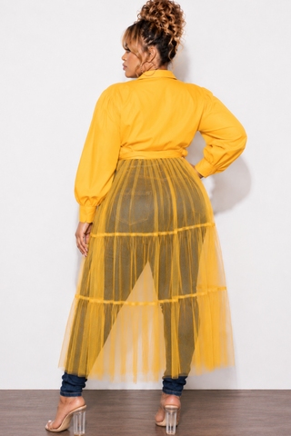 Final Sale Plus Size Puffy Long Sleeve Button Up Top with Mesh Train in Musatrd