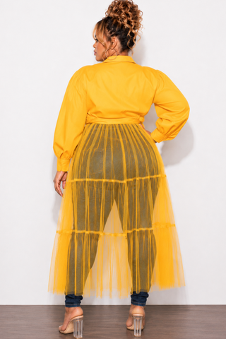 Final Sale Plus Size Puffy Long Sleeve Button Up Top with Mesh Train in Musatrd