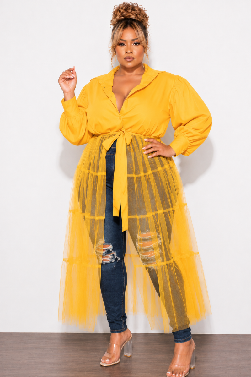 Final Sale Plus Size Puffy Long Sleeve Button Up Top with Mesh Train in Musatrd