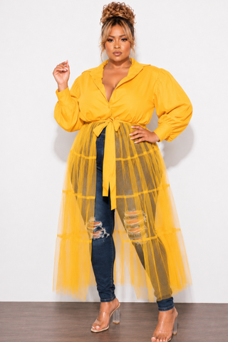 Final Sale Plus Size Puffy Long Sleeve Button Up Top with Mesh Train in Musatrd