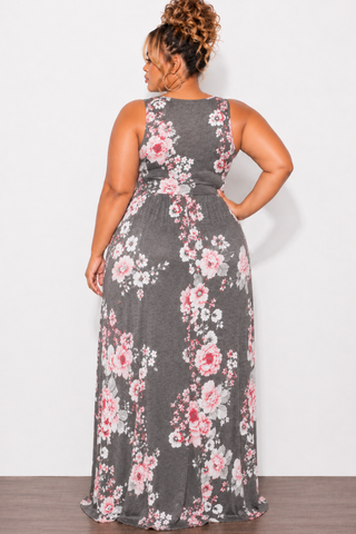 Final Sale Plus Size Tank Pocket Maxi Dress in Grey Charcoal & Pink Floral Print