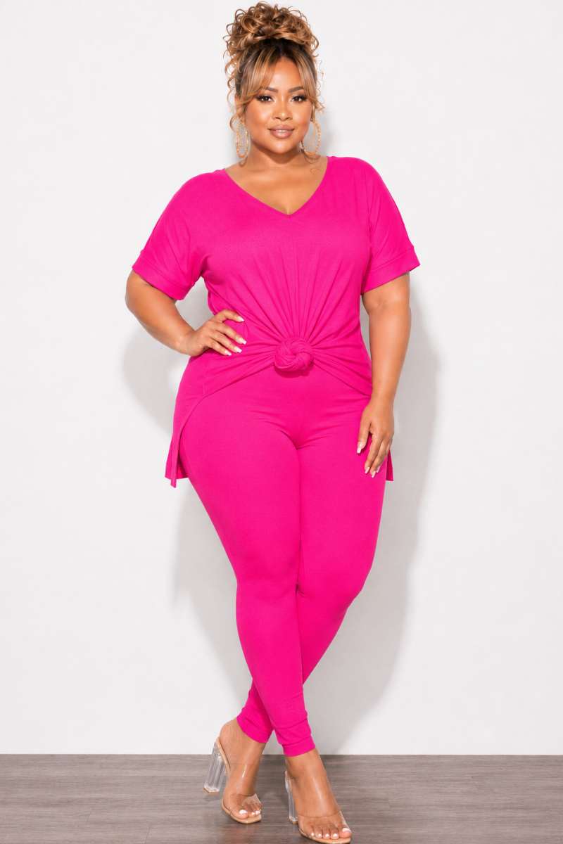 Final Sale Plus Size 2pc V-Neck Tunic Top and Matching Legging Set in Hot Pink