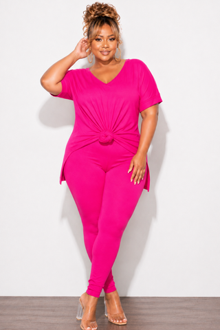 Final Sale Plus Size 2pc V-Neck Tunic Top and Matching Legging Set in Hot Pink