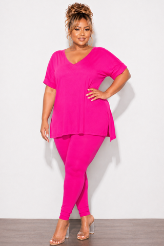 Final Sale Plus Size 2pc V-Neck Tunic Top and Matching Legging Set in Hot Pink
