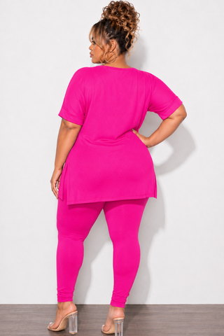 Final Sale Plus Size 2pc V-Neck Tunic Top and Matching Legging Set in Hot Pink