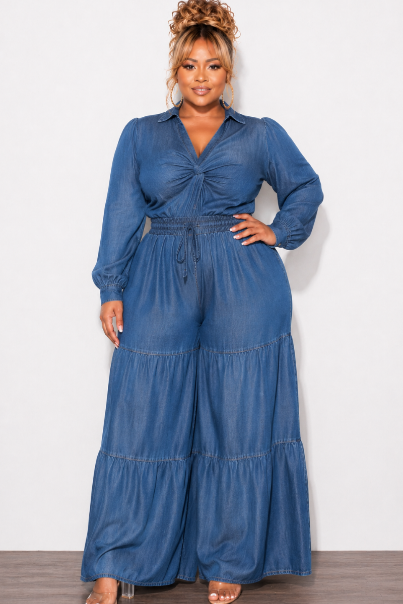 Final Sale Plus Size Long Sleeve Jumpsuit With Twist Front in Wash Denim