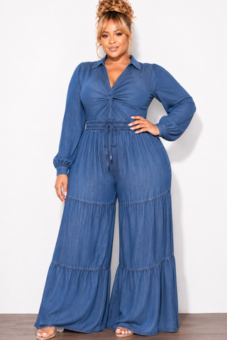 Final Sale Plus Size Long Sleeve Jumpsuit With Twist Front in Wash Denim