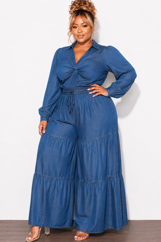 Final Sale Plus Size Long Sleeve Jumpsuit With Twist Front in Wash Denim