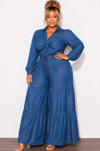 Final Sale Plus Size Long Sleeve Jumpsuit With Twist Front in Wash Denim