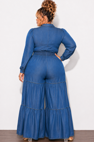 Final Sale Plus Size Long Sleeve Jumpsuit With Twist Front in Wash Denim