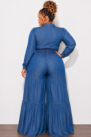 Final Sale Plus Size Long Sleeve Jumpsuit With Twist Front in Wash Denim