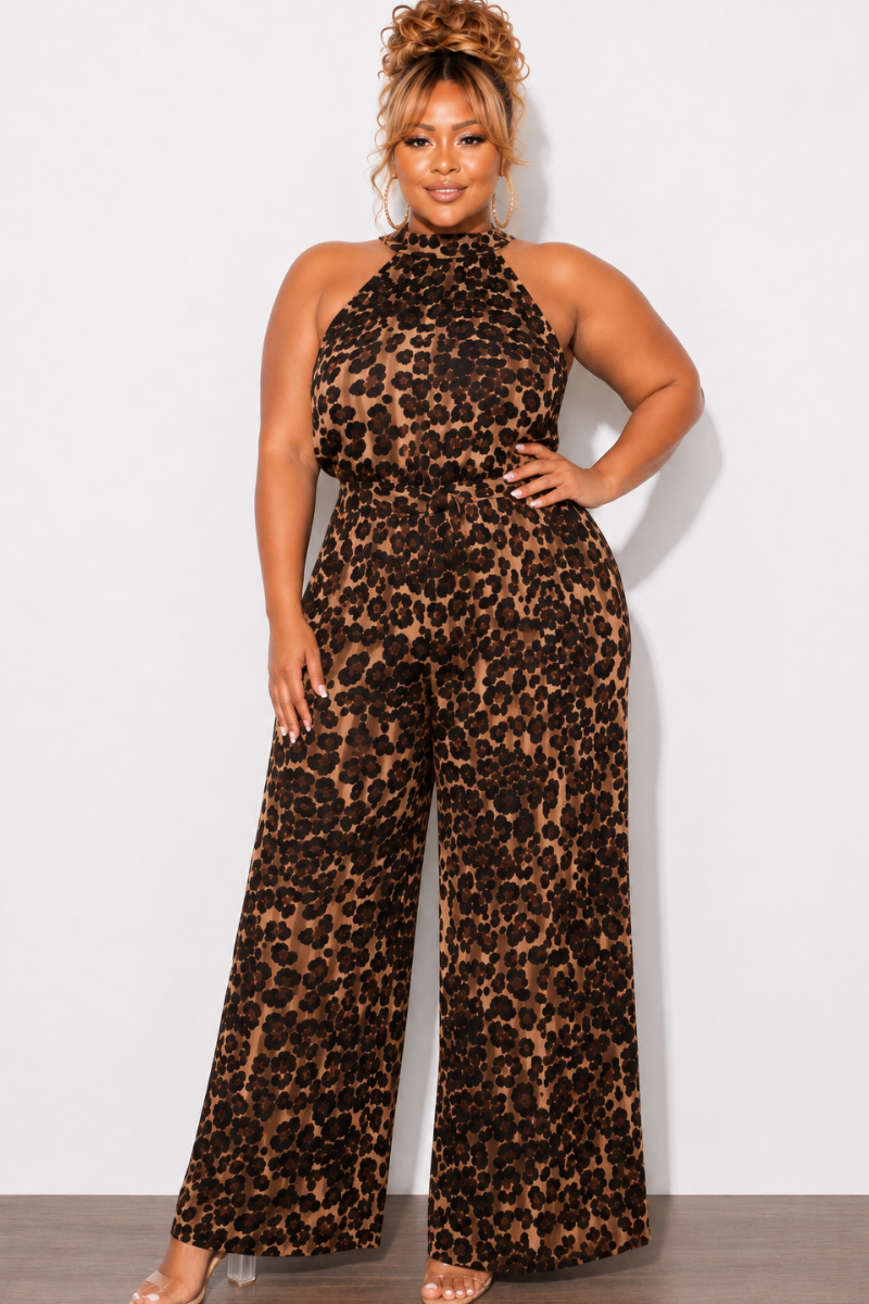Final Sale Plus Size Halter Jumpsuit in Brown Leopard Print