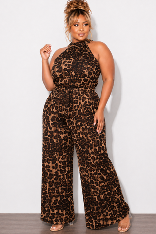 Final Sale Plus Size Halter Jumpsuit in Brown Leopard Print